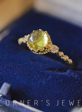 日系宫廷风天然橄榄石银镀金指环