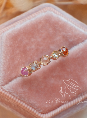 落日橙花 日系清新设计彩色方块天然红刚玉橙石榴石彩宝925银戒指