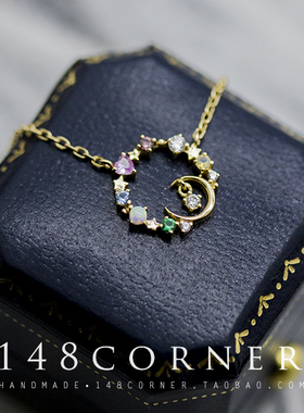 日系镂空月亮石欧泊银镀金短项链