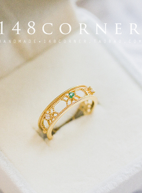 轻奢宫廷风花边祖母绿指环定制