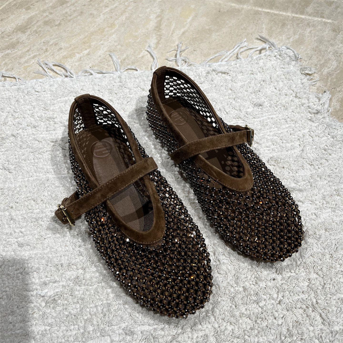 欧洲站女2026春新款欧货真皮一字带网面水钻平底浅口单鞋玛丽珍鞋,淘宝优惠券,粉丝福利购,淘宝优惠卷