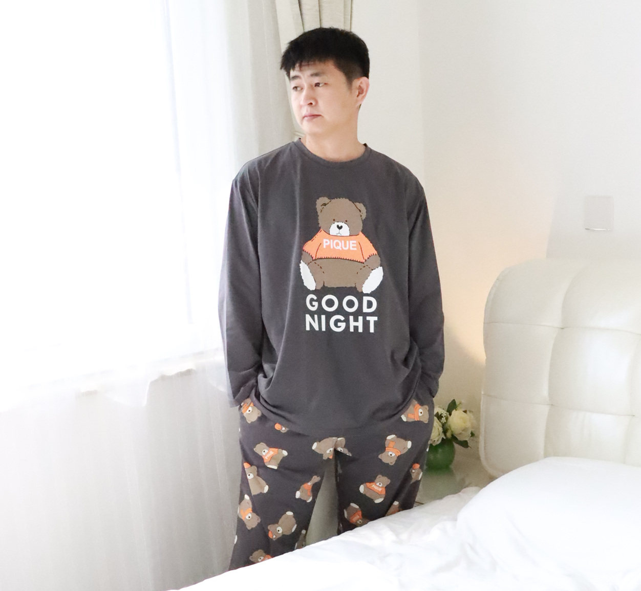 加大码卡通小熊情侣睡衣春秋男女针织纯棉宽松长袖裤家居服200斤,淘宝优惠券,粉丝福利购,淘宝优惠卷
