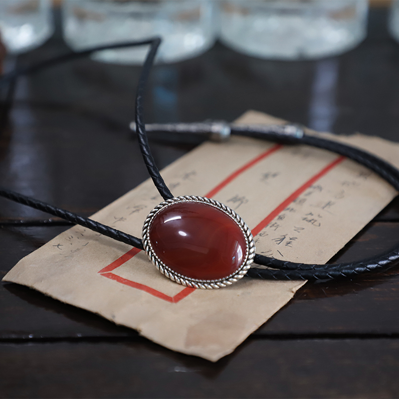 朱砂痣 复古红色沁色水纹玛瑙大款波洛领带男西部牛仔BOLO TIE潮 - 图1