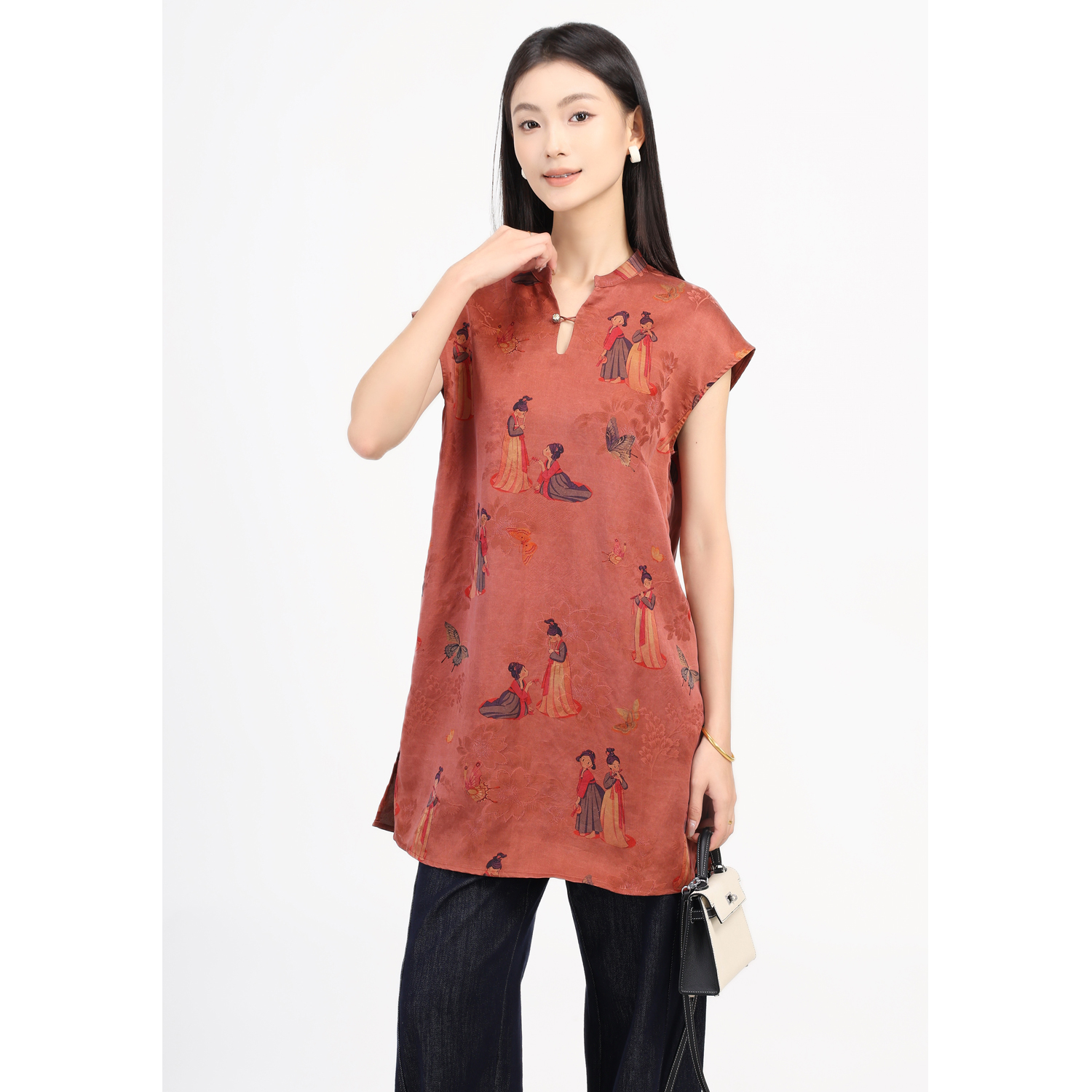 JINYU矜羽【风雅来客-栖心】朱红小人桑蚕丝红云纱长款马甲女 - 图0