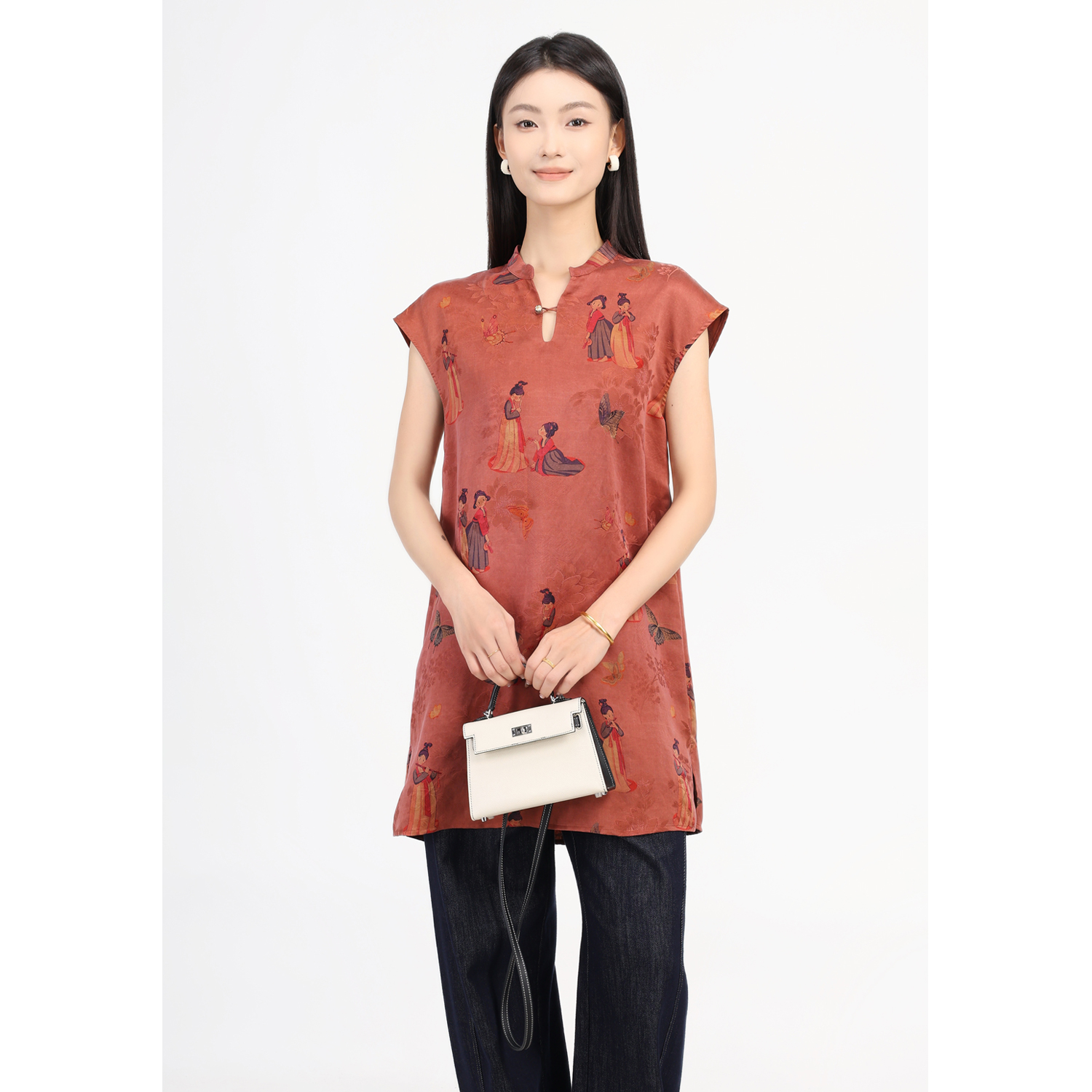 JINYU矜羽【风雅来客-栖心】朱红小人桑蚕丝红云纱长款马甲女 - 图2