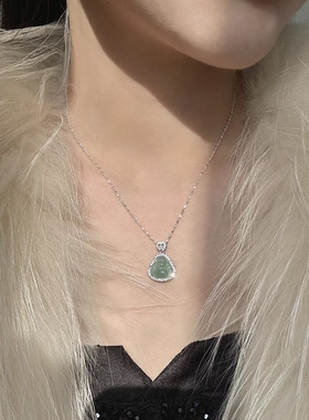 999纯银天然危料蓝水翡翠佛公弥勒佛项链女高级感锁骨链生日礼物