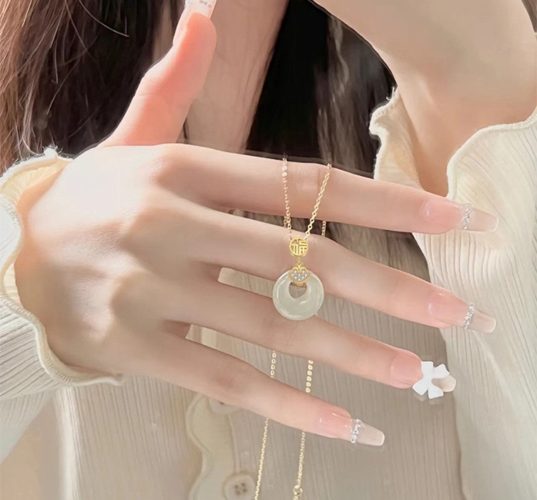 福牌福气平安扣和田玉项链小众轻奢925银锁骨链母亲节礼物送妈妈