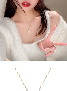 MACEMAVA山茶花花朵法式浪漫简约珍珠甜妹纯欲风穿搭999纯银项链