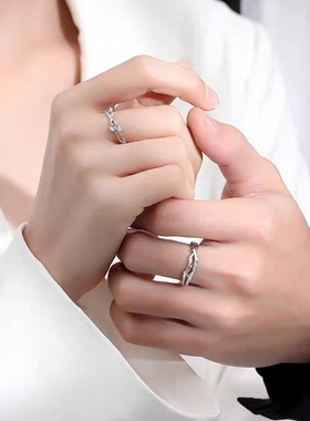 999足银连理枝情侣一对戒指环男女款轻奢小众设计活口可调节刻字