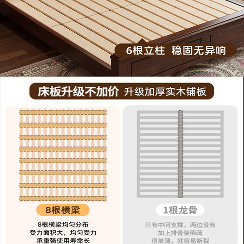 美式实木床胡桃色1.8米双人床现代简约中古风轻奢婚床卧室高箱床 - 图0