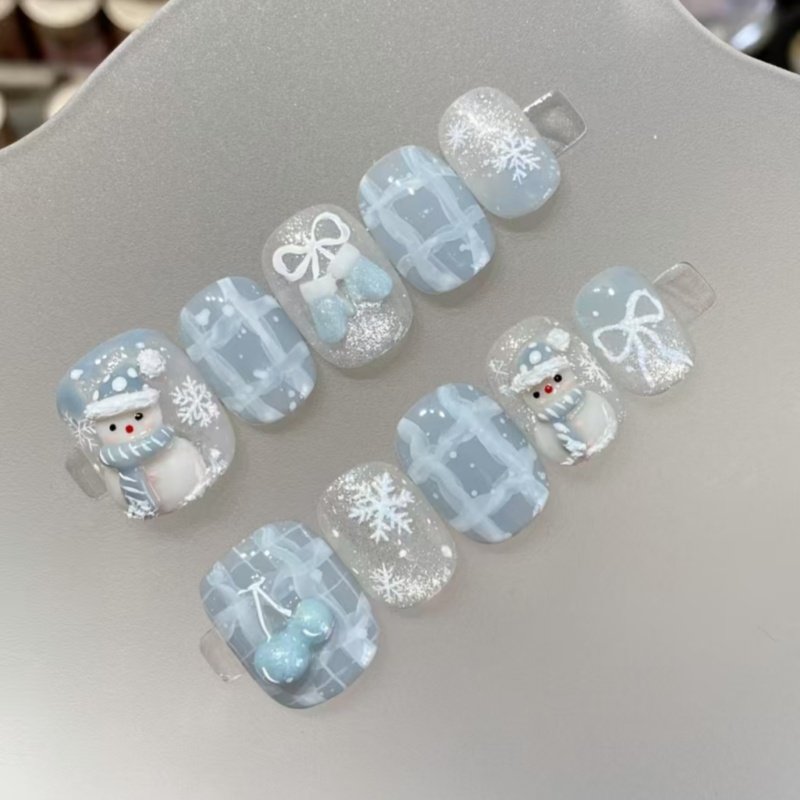 秋冬新款纯手工小清新短款小雪人美甲贴片成品显白可爱美甲穿戴甲,淘宝优惠券,粉丝福利购,淘宝优惠卷