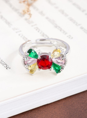 儿童女士彩色蝴蝶结水晶镶钻戒指