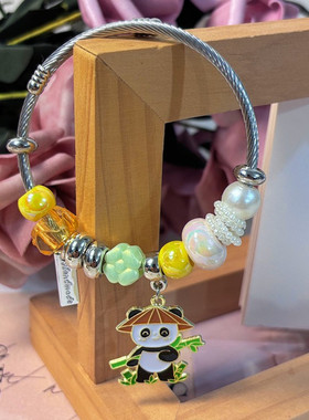 儿童手镯链女孩不锈钢圈熊猫手镯