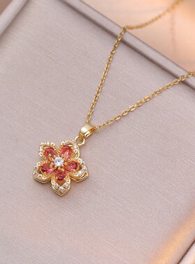 旋转紫荆花项链锆石钛钢锁骨链女