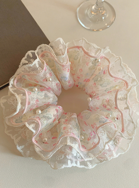 温柔樱花蛋糕款四层珍珠大肠发圈女粉白碎花百搭扎头发丸子头发绳