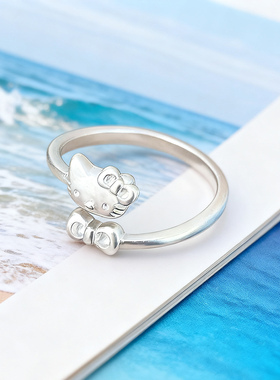 S925纯银磨砂猫咪戒指女精致可爱