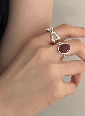 法式风红玛瑙戒指女小众设计感几何时髦猪鼻个性百搭高级感食指戒