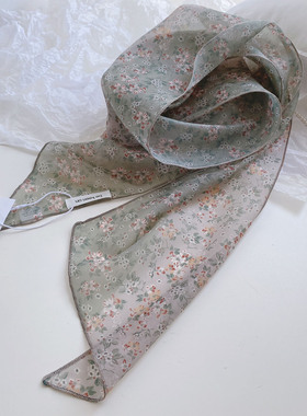 春夏秋薄款双色欧根纱长款长条丝巾围巾 碎花领巾飘带配饰