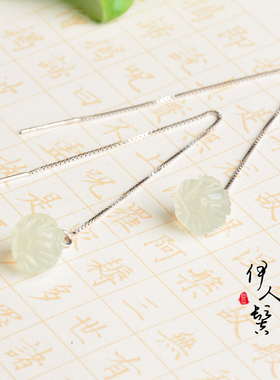 精雕花朵925银中长款玉石耳环