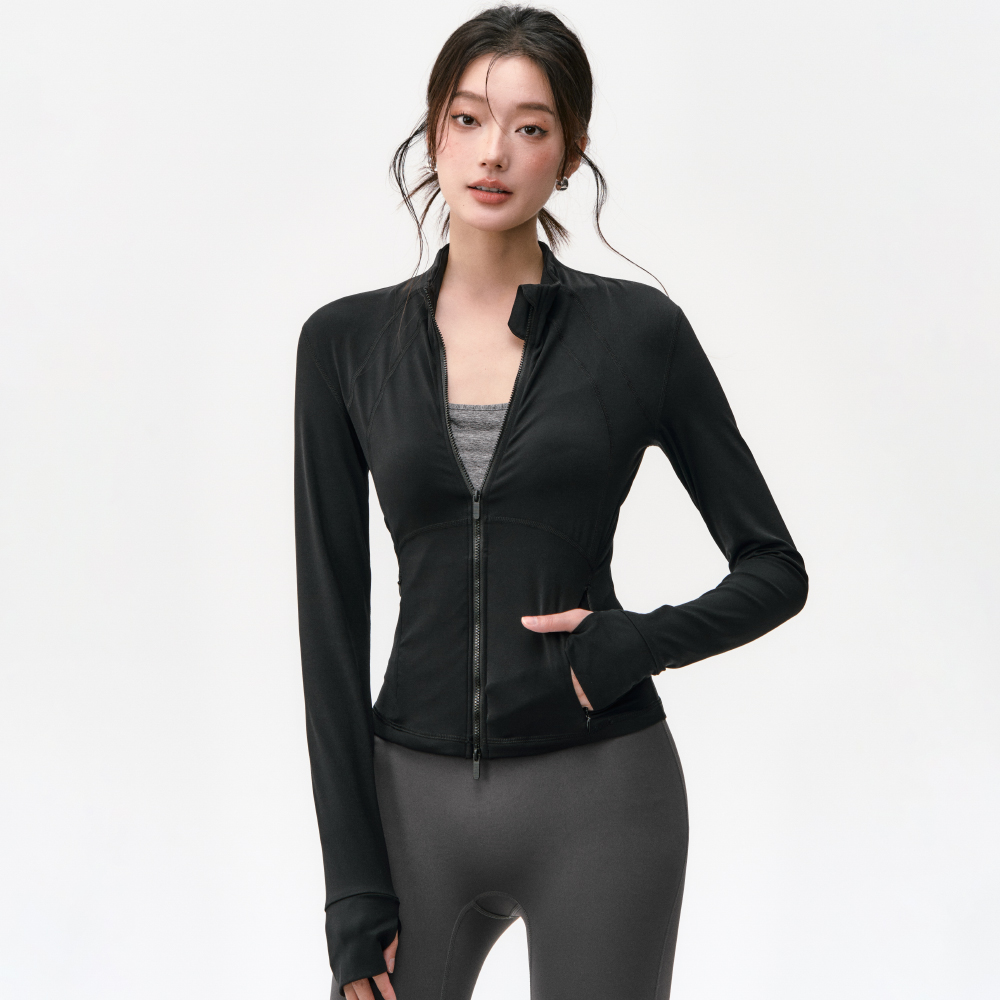 运动外套女高弹收腰瑜伽服跑步健身普拉提训练服套装骑行服上衣 - 图0