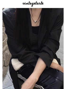 VINTAGETASTE 爱心穿绳黑色金属ins风泰妍同款可调节项链原创颈链