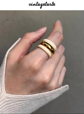 VINTAGETASTE 时髦ins风黑金宽版几何圆圈黄铜复古法式高级感戒指