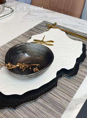 KiNo奇诺 中式样板房餐具 展厅软装摆台石纹异形盘金筷子餐盘摆件