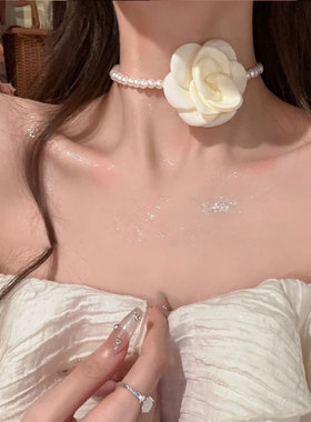 2024新款布艺花朵甜美珍珠项链法式复古气质锁骨链小香风通勤饰品