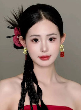 新款结婚耳环新中式红色旗袍新娘造型耳饰婚礼敬酒服双喜耳钉大气