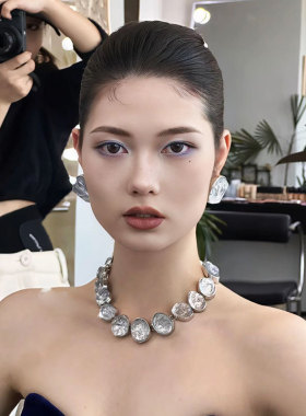 中古名媛圆形立体图案项链耳钉优雅百搭套装轻奢饰品时尚大气