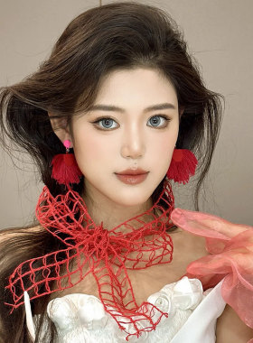 新娘项链个性麻编织格子项饰镂空棉麻米白肌理花边创意造型配饰