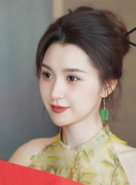 结婚耳环新中式绿色双喜耳饰女