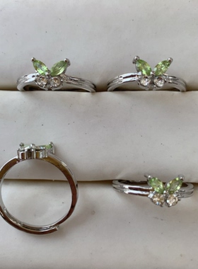 天然橄榄石戒指女款蝴蝶白铜托活口甜美简约百搭时尚饰品