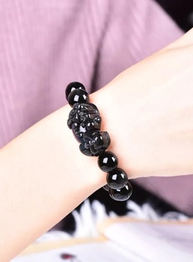 纯天然彩虹眼黑曜石小弯头手链