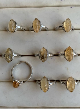 天然黄水晶戒指女款白铜托活口不规则简约款指环复古水晶首饰品