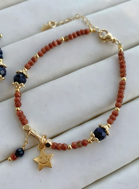 金沙石刻面盘珠3mm设计款女蓝砂石14K金沙金笑脸星星时尚百搭手串