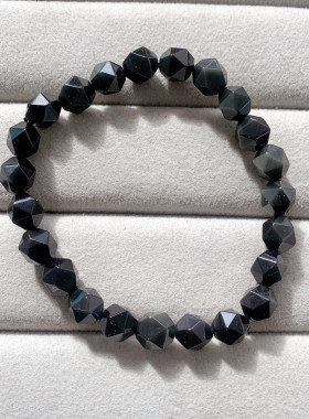 天然彩虹眼黑曜石钻石面手链男女韩版黑耀石情侣手串单圈时尚饰品