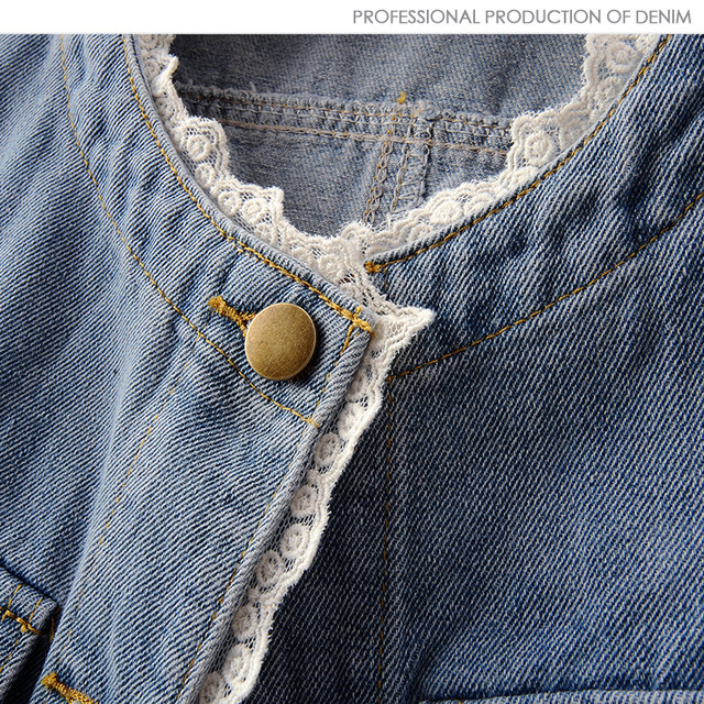 ເສື້ອຢືດ denim lace ສັ້ນຂອງແມ່ຍິງຄໍຮອບ