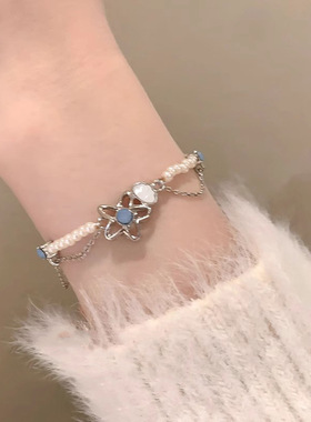 蓝色花朵珍珠手串女2025年新款串珠手链轻奢小众精致甜美百搭手