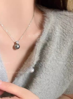 单颗灰色珍珠锆石吊坠项链女秋冬小众感锁骨链简约颈链配饰品