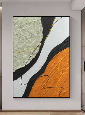 手绘油画黑白抽象玄关装饰画立体橙立体背景墙餐厅客厅挂画