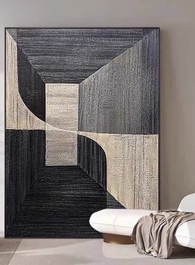 手绘油画意式抽象客厅落地装饰画高级感几何色块黑色玄关酒店挂画