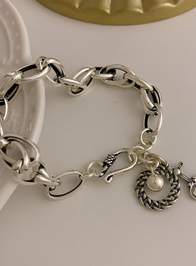 韩版925纯银复古十字架圆环吊坠手链时尚个性冷淡风休闲百搭手饰