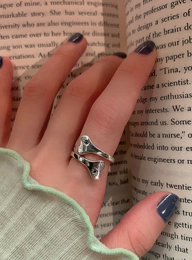 S925纯银做旧日韩时髦休闲黑色字forever love方牌爱心复古戒指