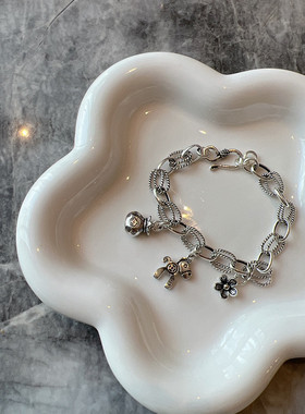 新款s925纯银小马钱袋吊坠复古拼接麻花手链百搭简约手环银饰全新