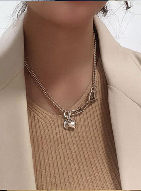 韩国S925银多层圆珠链猪鼻子桃心爱心ins小众短款项链锁骨链全新