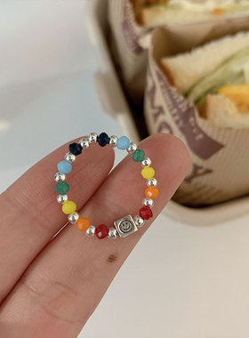 彩虹串珠笑脸925纯银戒指女个性设计小众高级感彩色爱心指环叠戴
