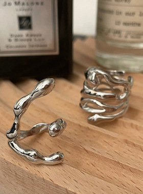 S925银夸张戒指女复古重工不规则滴水开口指环个性潮酷食指戒