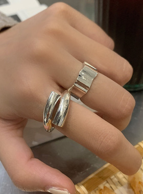 韩版S925银线条戒指女复古时尚几何不规则宽边开口指环食指戒潮