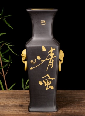 宜兴紫砂熊立新亲刻大号活环象耳四方瓶加粉浆工艺收藏级现货一对